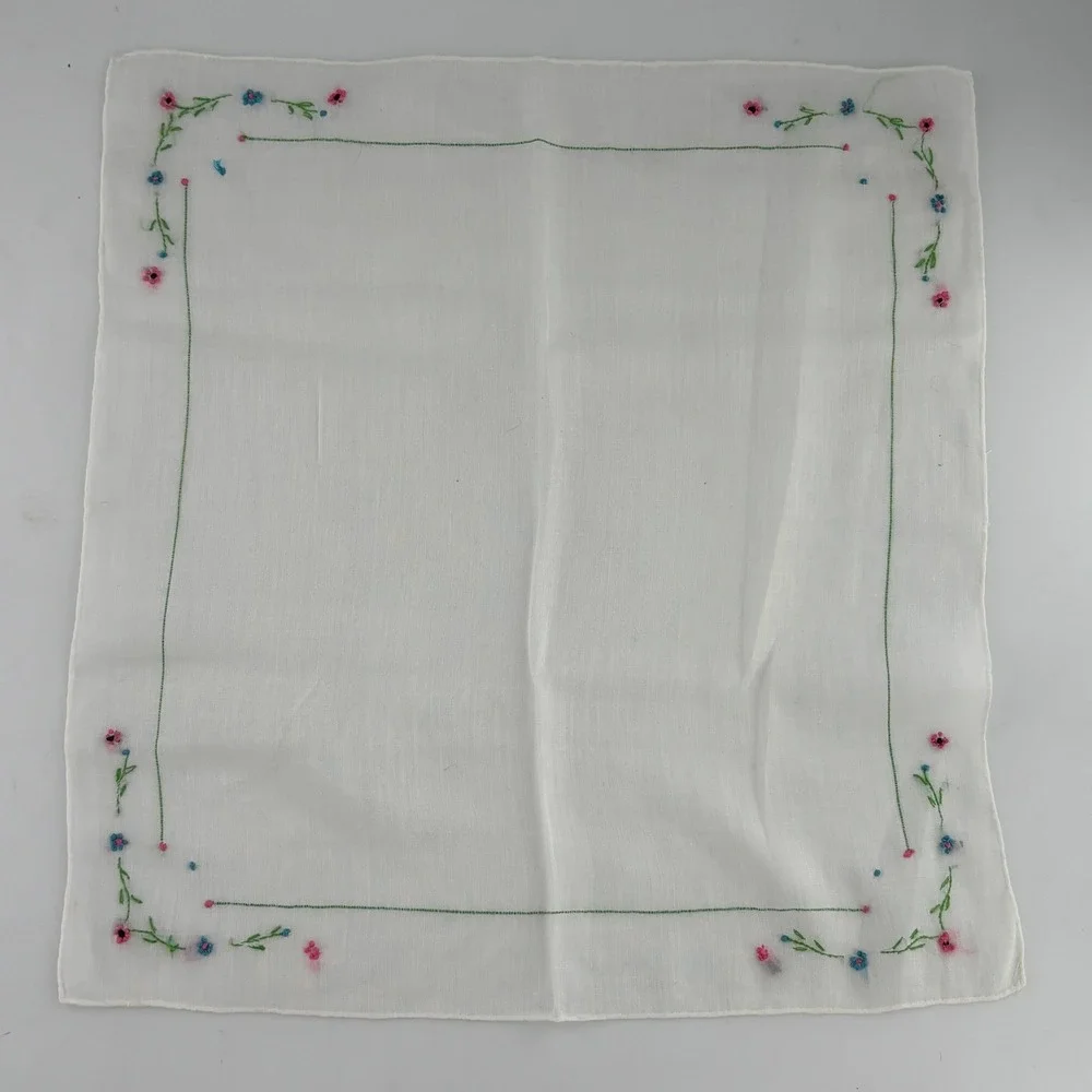 Embroidered‎ Handkerchief Floral Design White Cotton Linen Blend Square